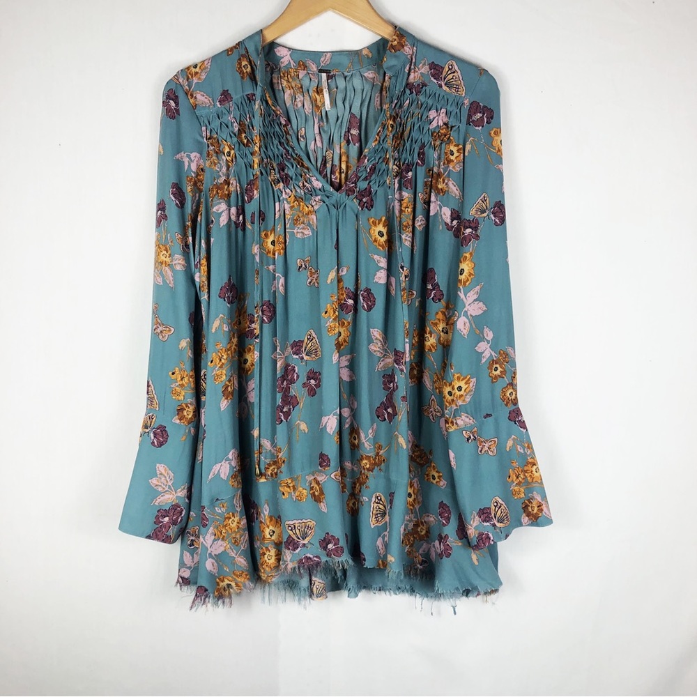 Free People Pebble Crepe Floral Boho Top | Blue Brown | Size Small
